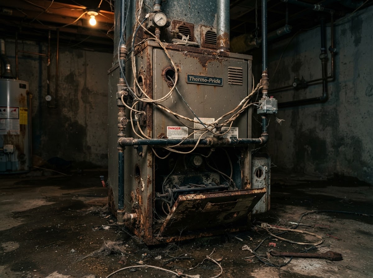 Old rusty gas furnace in a Florissant basement before repair