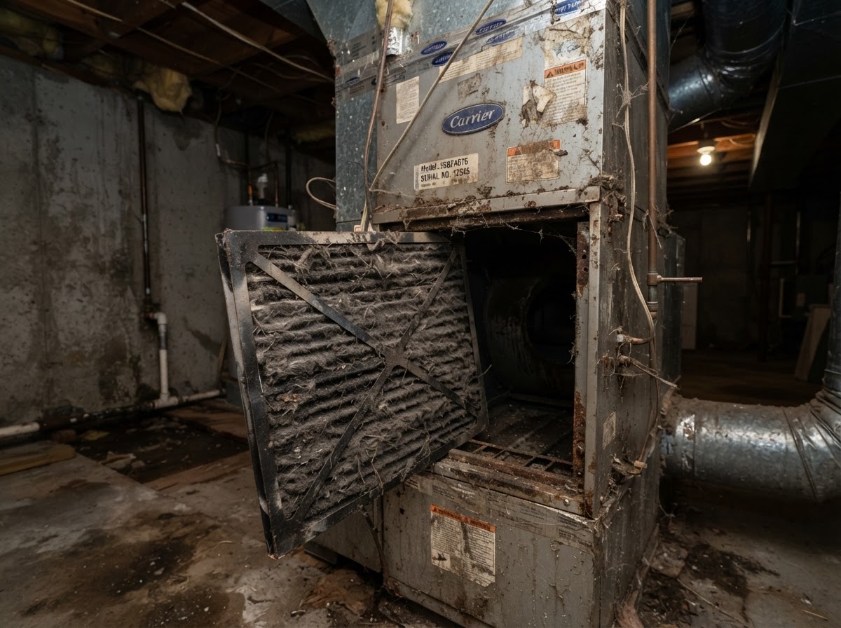 Dusty neglected HVAC air handler with clogged filter in St. Charles