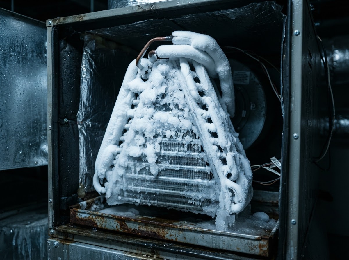 Frozen solid indoor A/C evaporator coil covered in ice in Kirkwood