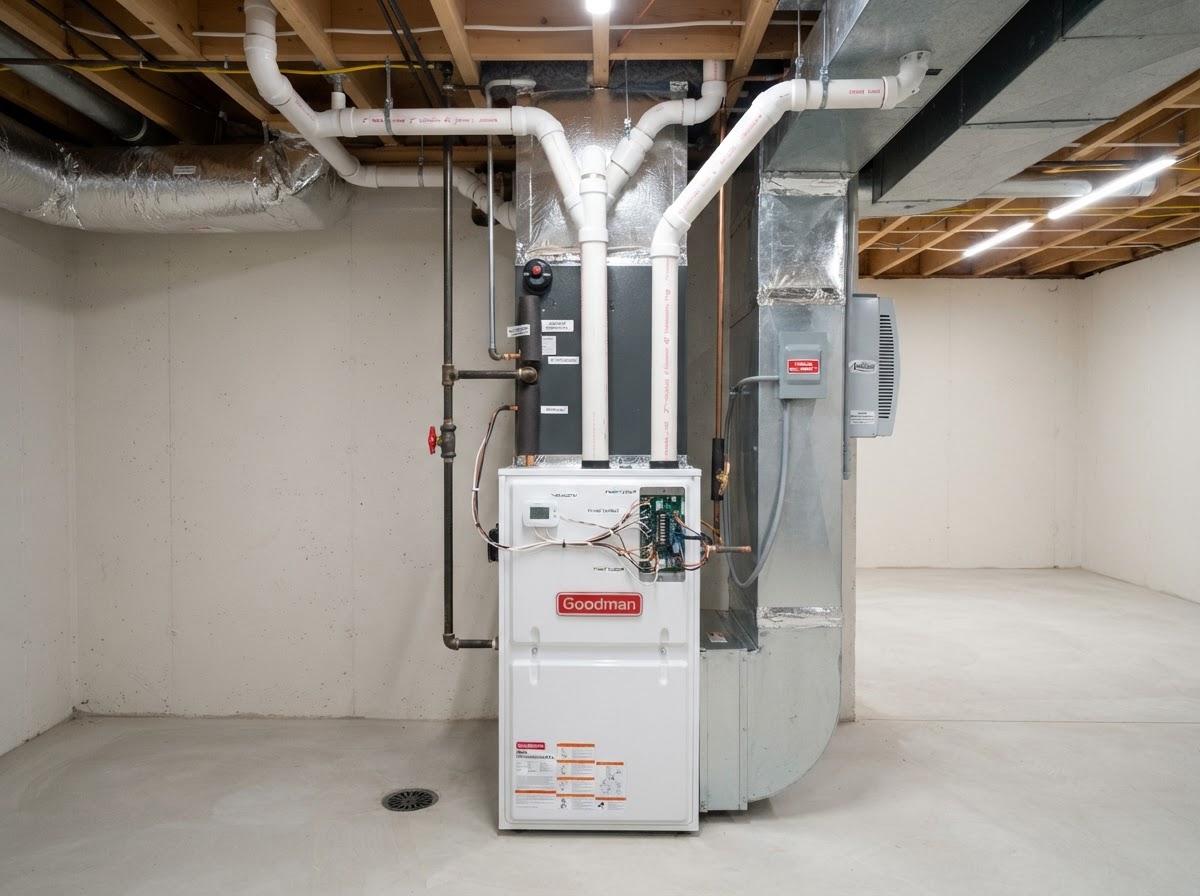 New high-efficiency white gas furnace installed in a Florissant basement
