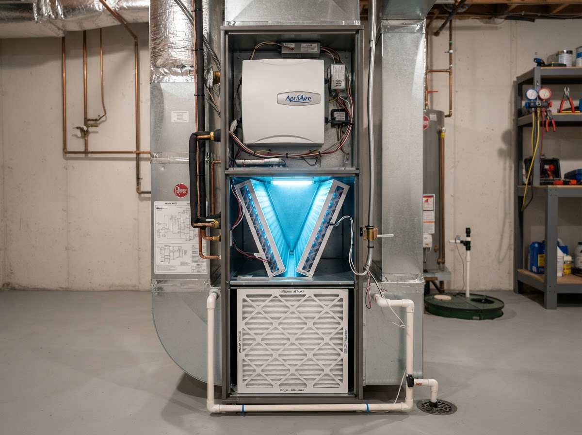 Clean HVAC air handler with new air purifier and UV light in St. Charles