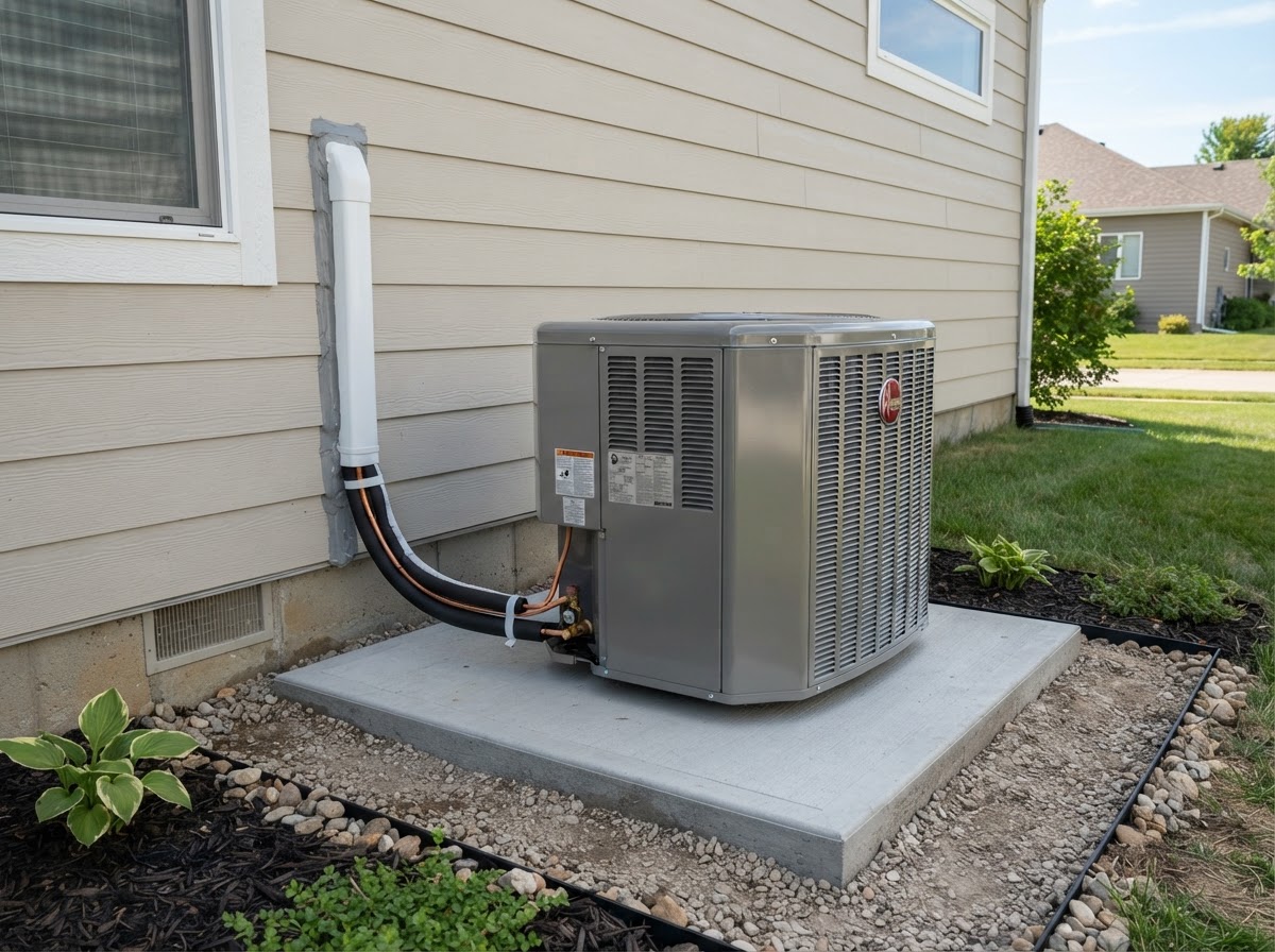New clean 16-SEER A/C condenser unit after replacement in St. Louis