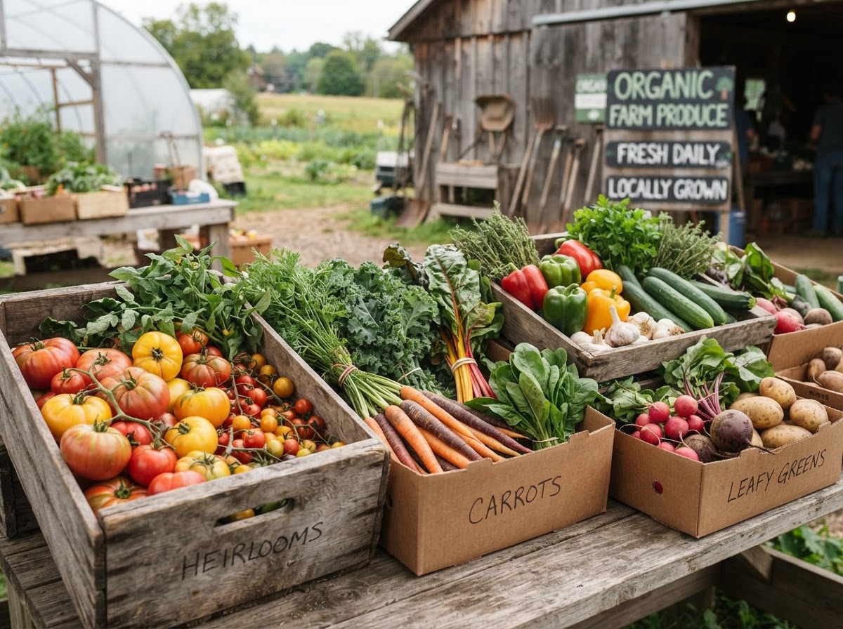 Cajas a granel con verduras ecológicas variadas de temporada