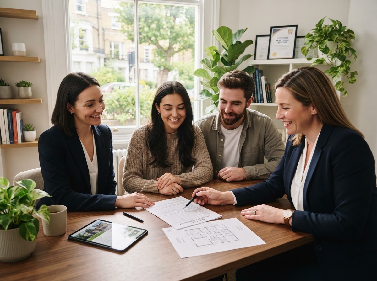 A friendly mortgage adviser reviewing property documents with clients in a bright modern office