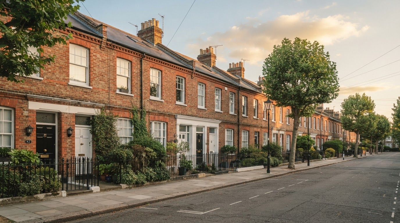 Row of traditional UK terraced houses representing the British property market