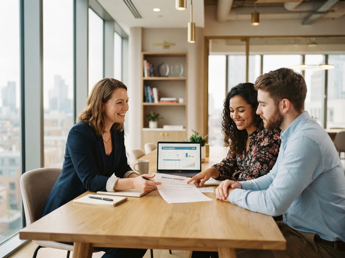 A friendly mortgage adviser discussing options with clients around a table