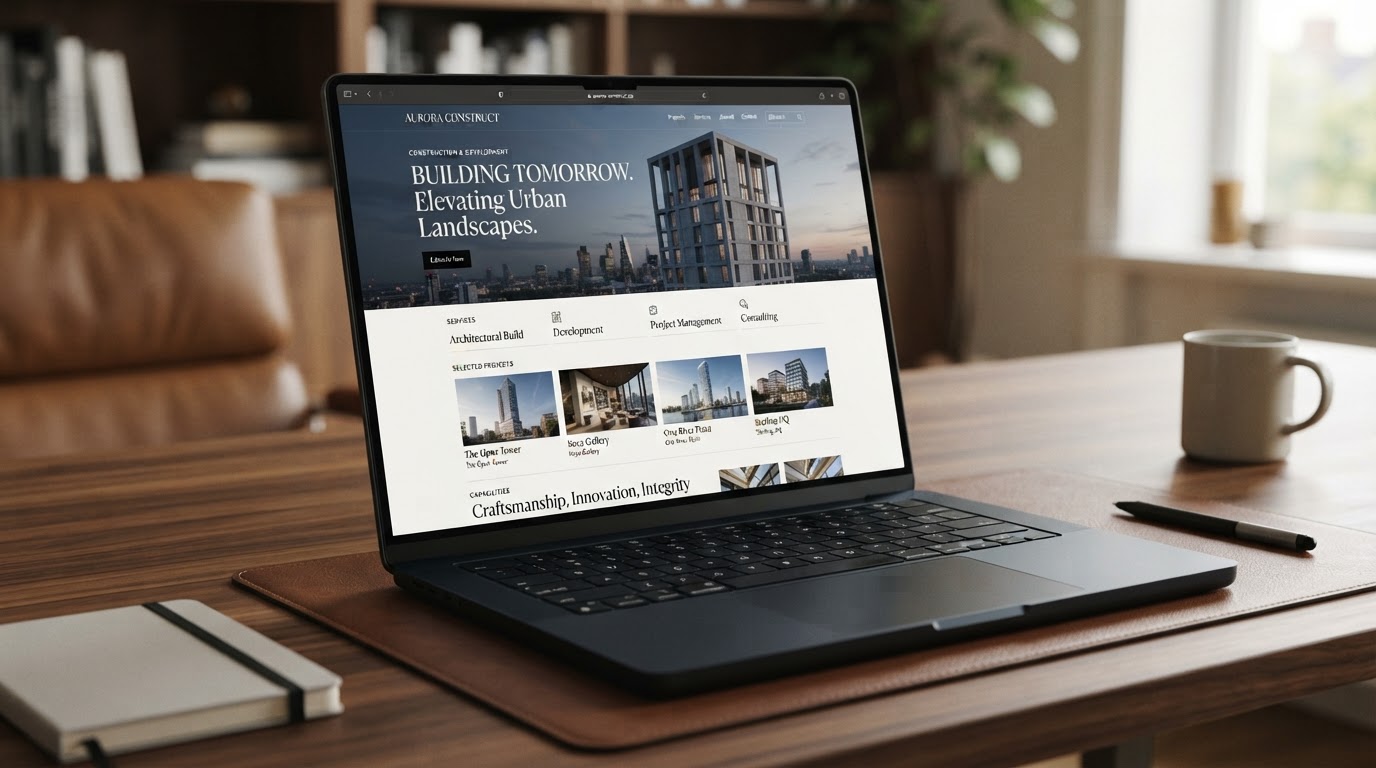 Premium construction website design study on a laptop