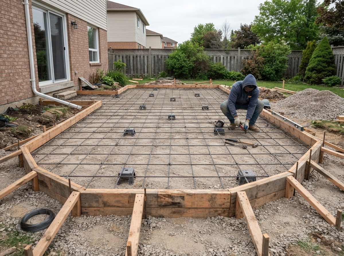 Concrete patio being formed before the pour