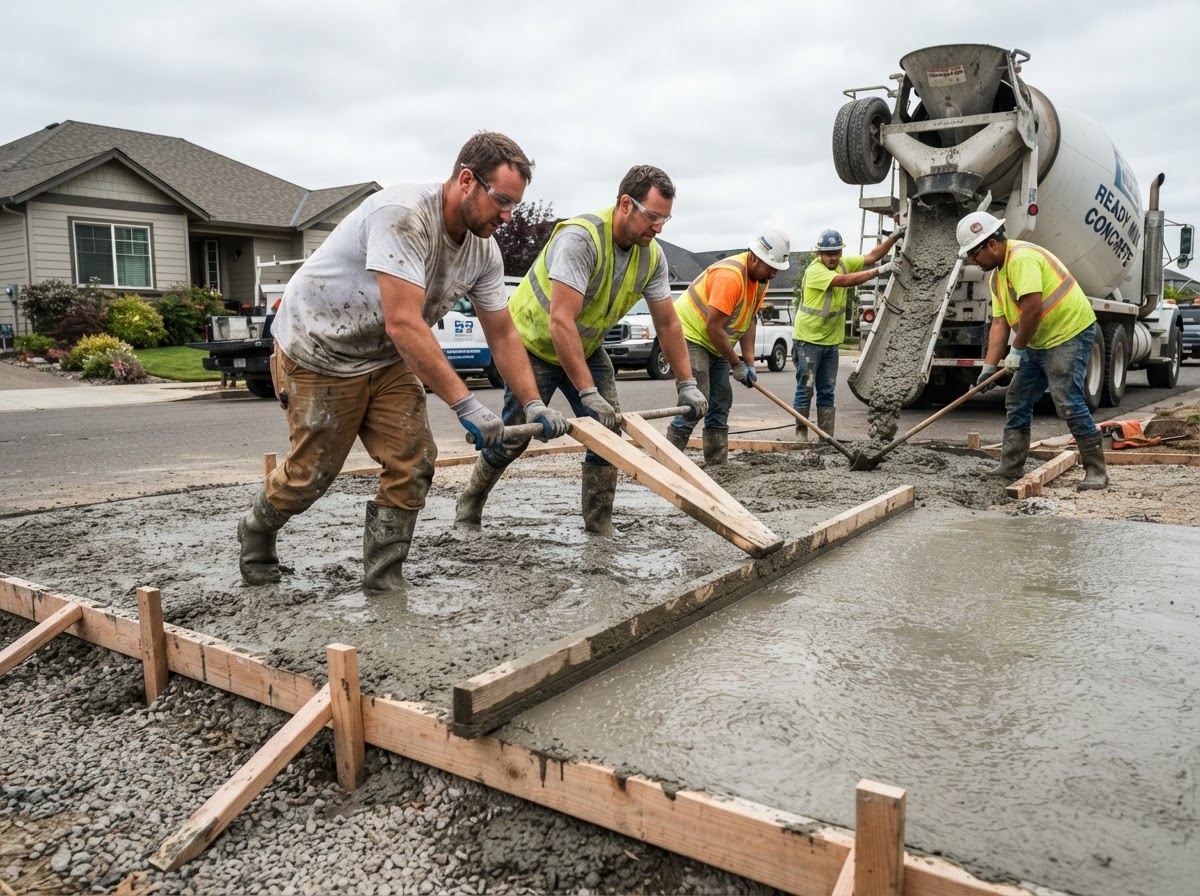 Concrete crew pouring and screeding a fresh driveway