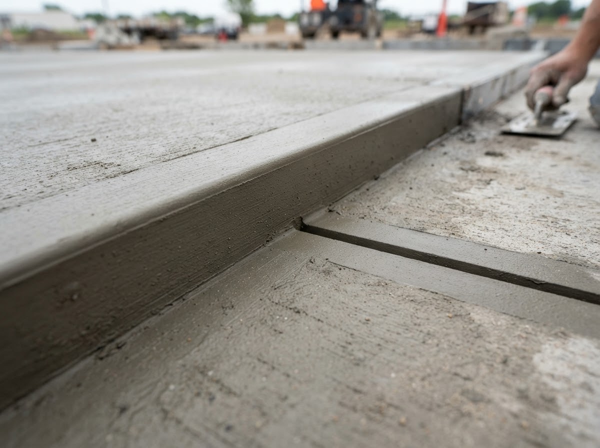 Close-up of finished concrete surface detail and control joint