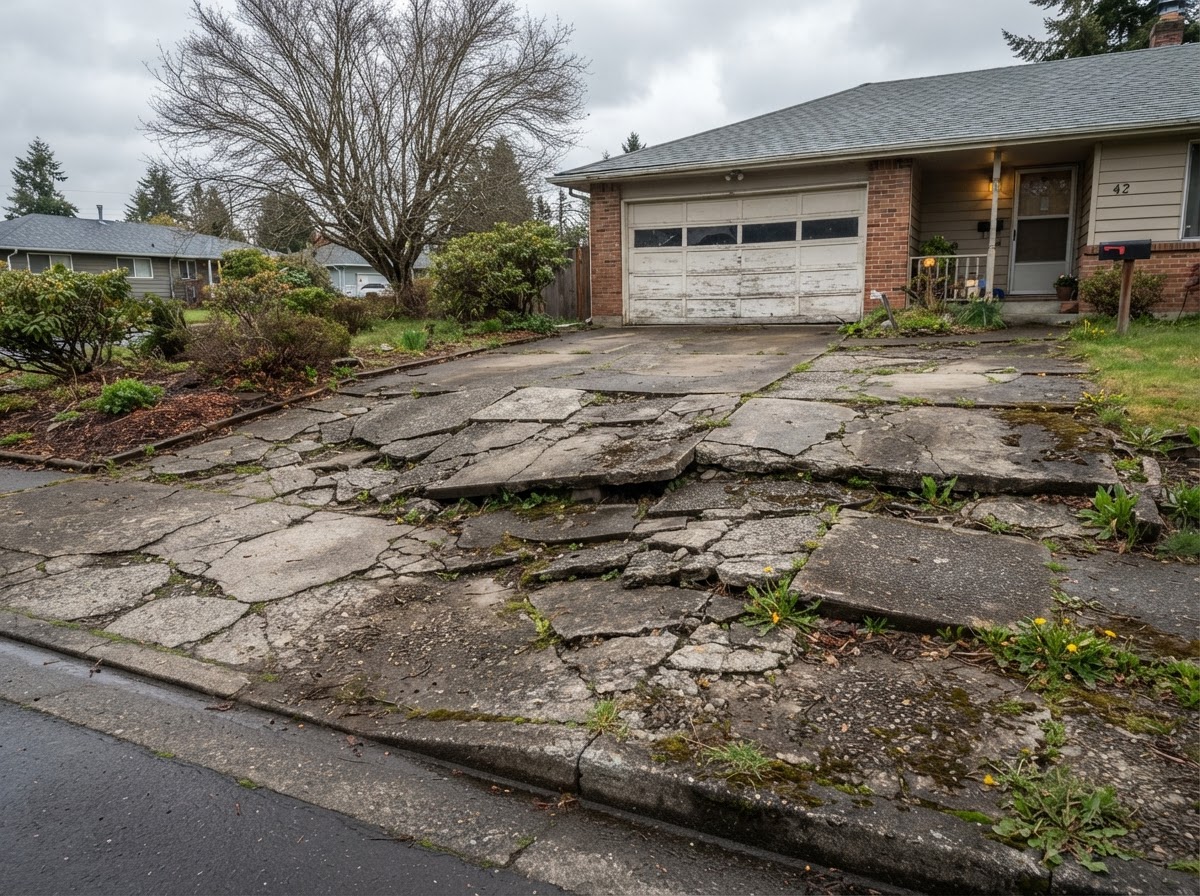 Deteriorated concrete driveway before replacement