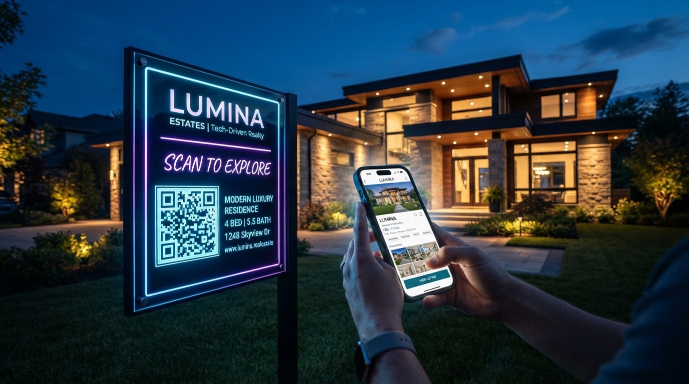 A QR code yard sign in front of a luxury home at dusk, scanned by a smartphone