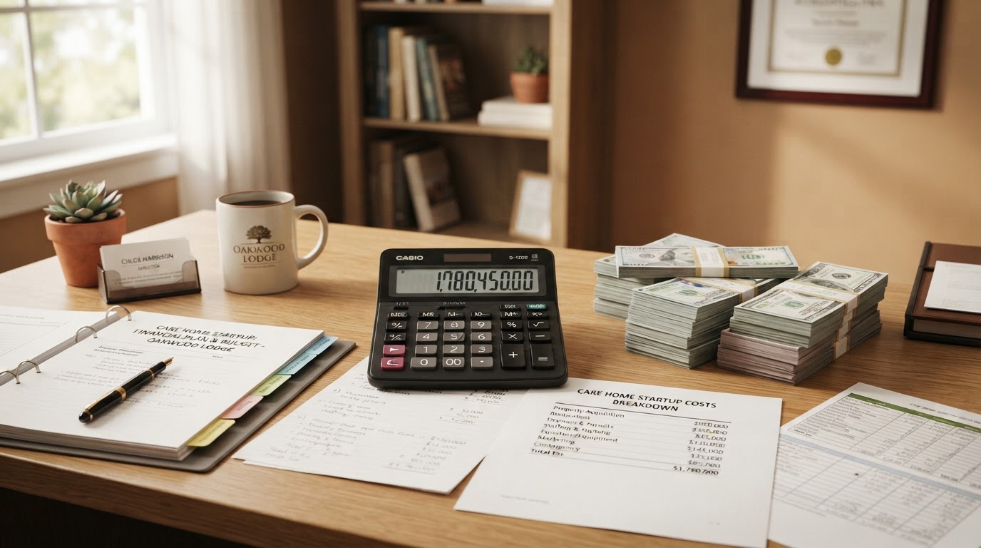 Calculator and money on a desk representing startup costs