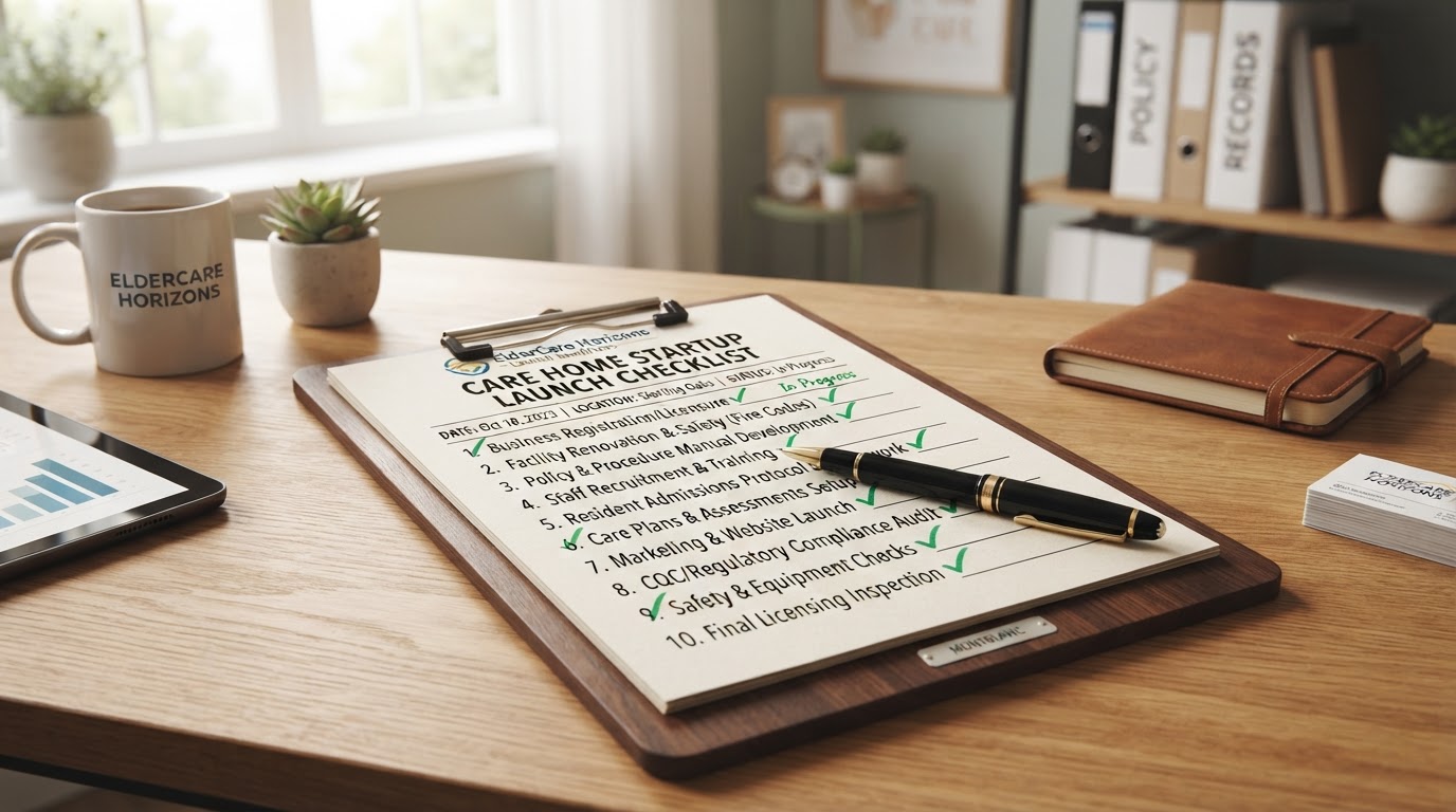 Checklist with checkmarks for launching a care home