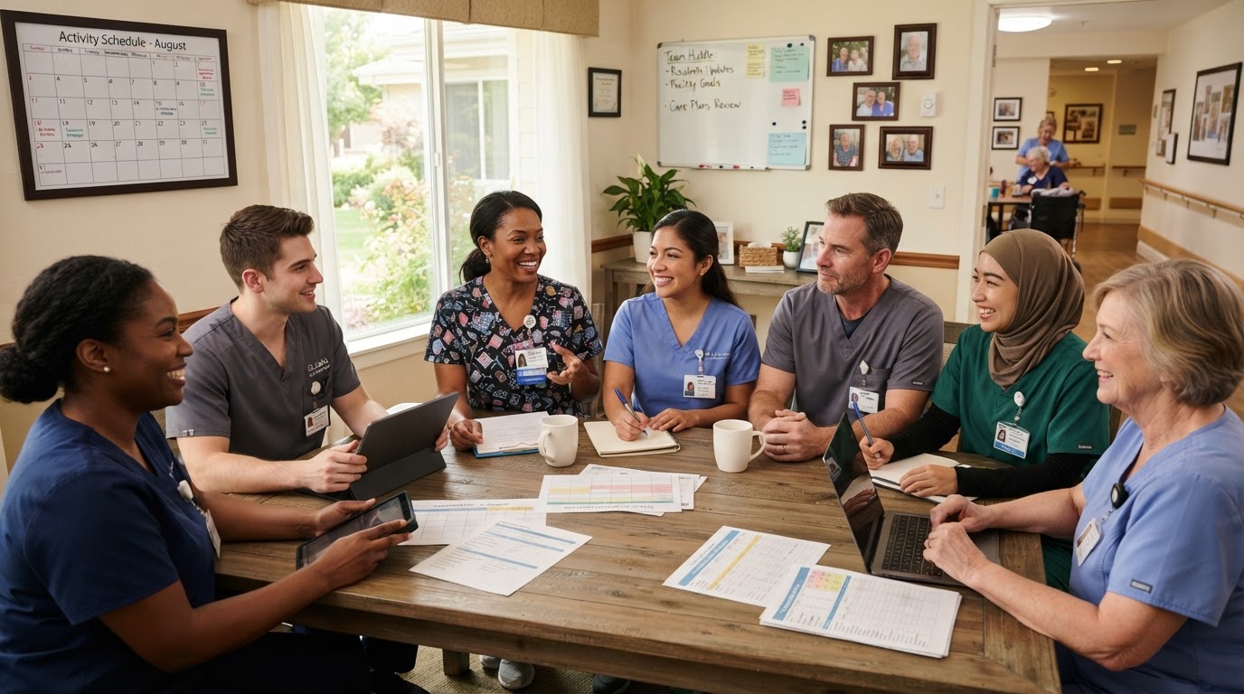 Caregivers in a team meeting at a residential facility