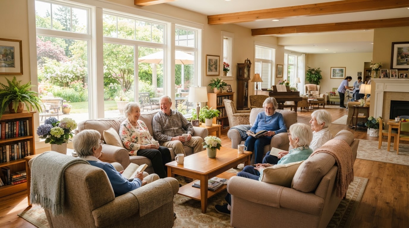 Senior residents enjoying a sunny common room in an RCFE