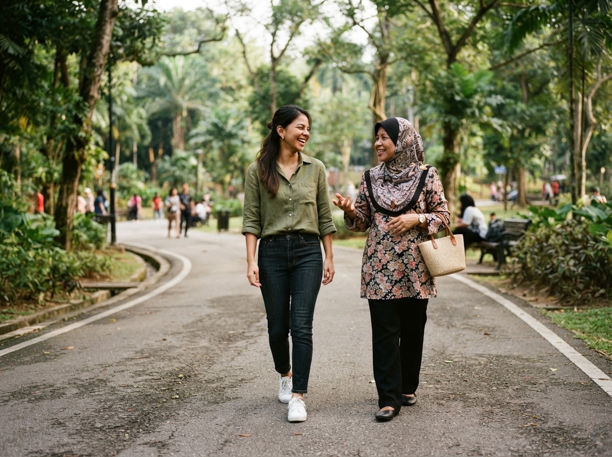 An adult daughter walking with her mother along a tree-lined park path