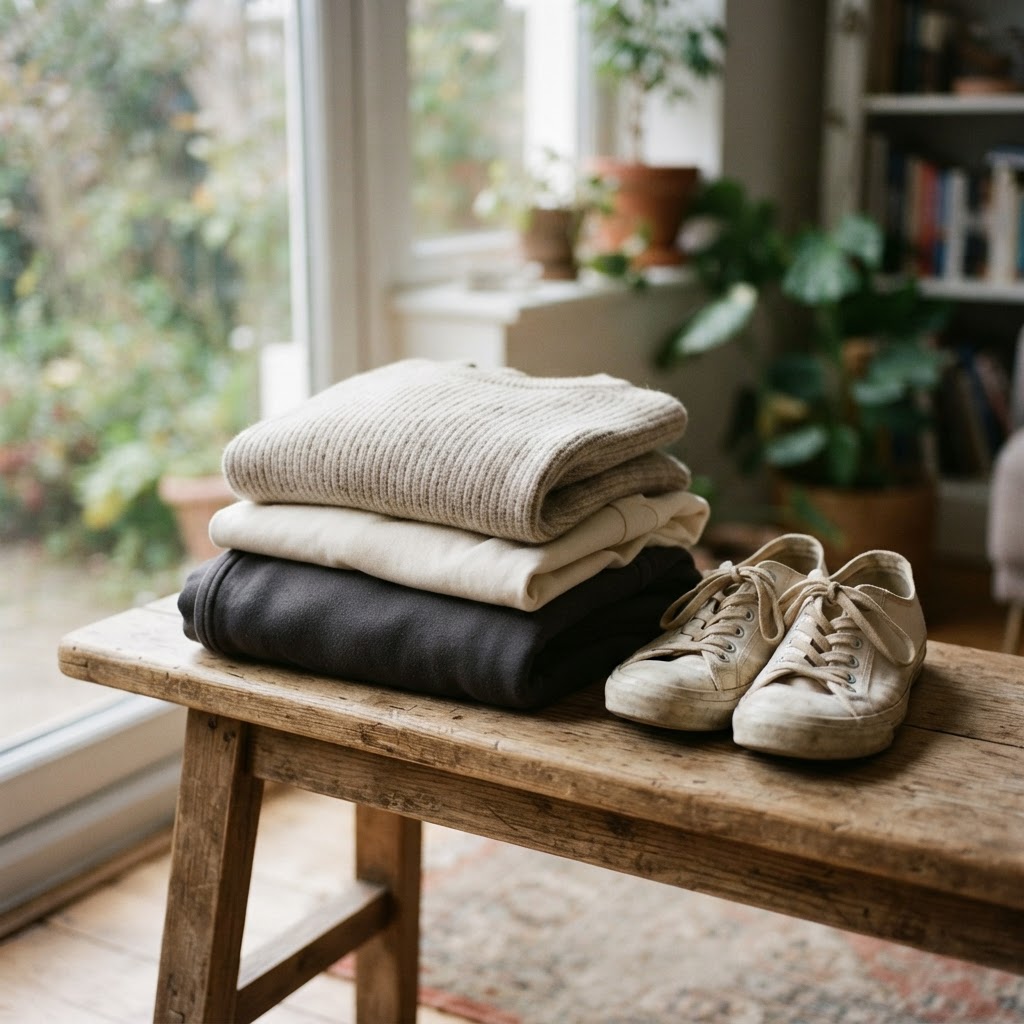 Comfortable loose clothes and trainers folded on a bench