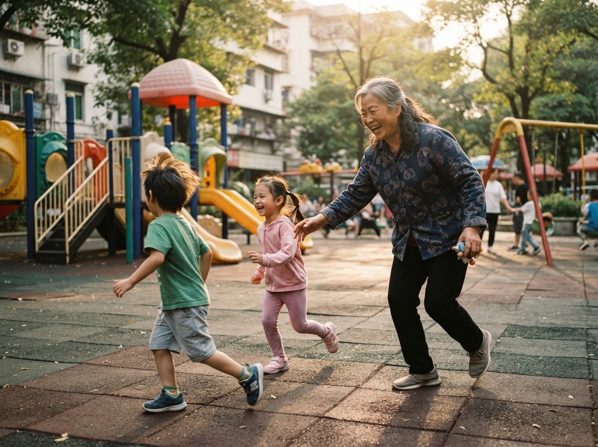An Asian grandmother playing with grandchildren at a playground