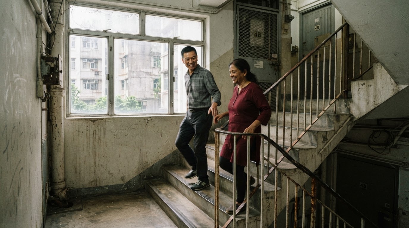 Two Asian adults climbing a stairwell together