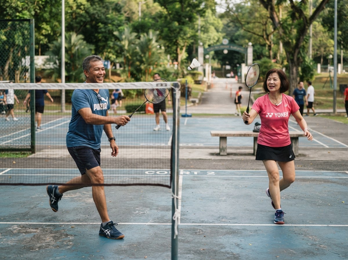 Two adults playing a casual weekend game of badminton