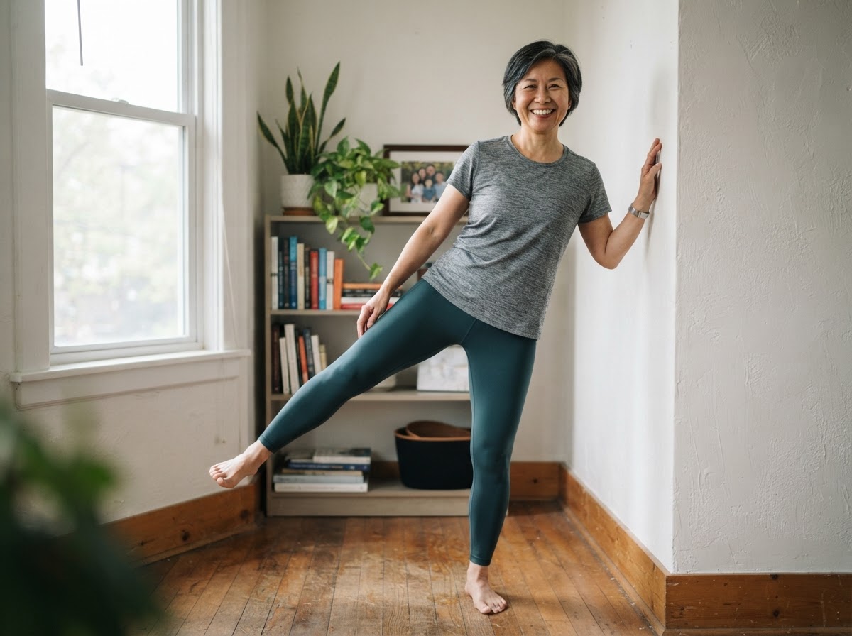 An Asian woman in her 50s doing a simple standing strength exercise at home