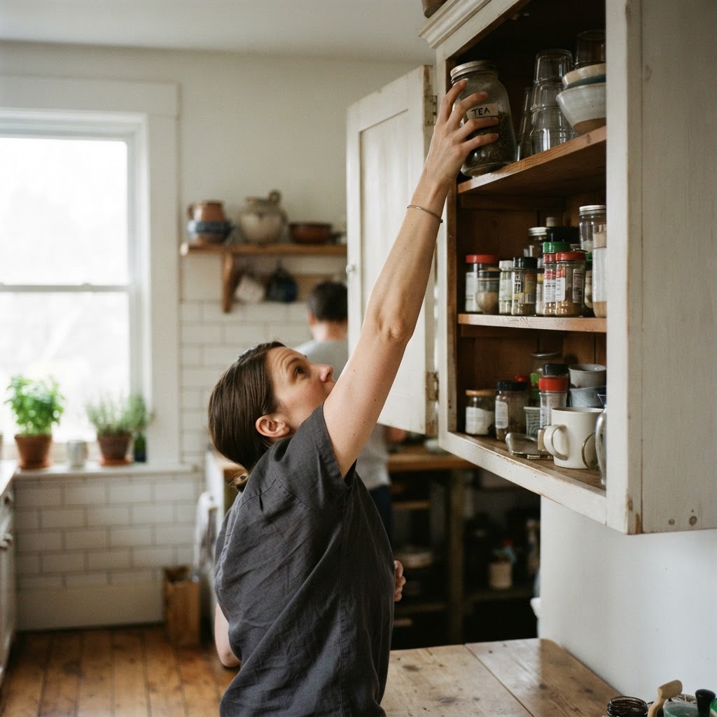 A hand reaching toward the top shelf of a kitchen cupboard