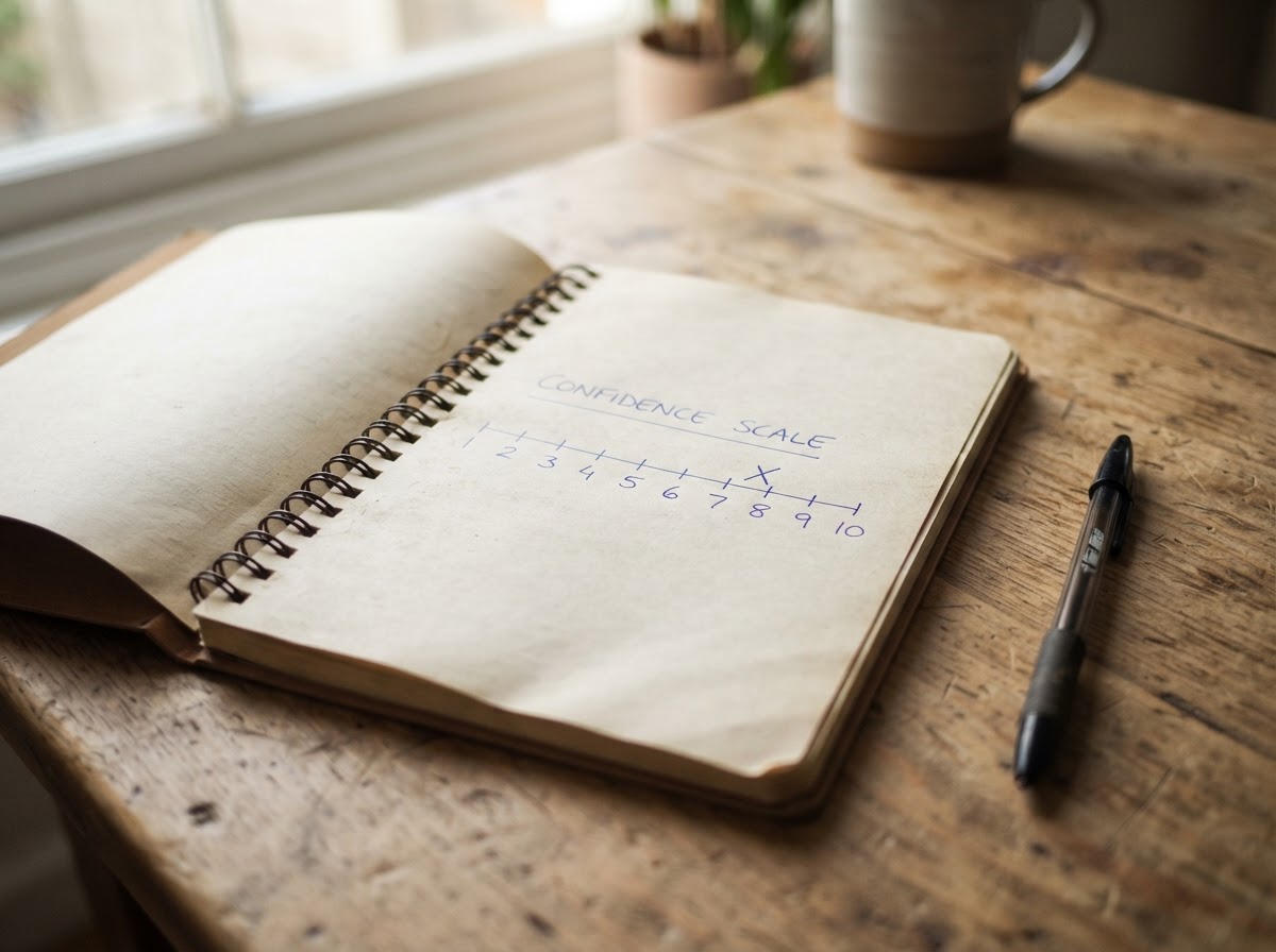 A notebook with a handwritten 1 to 10 confidence score scale