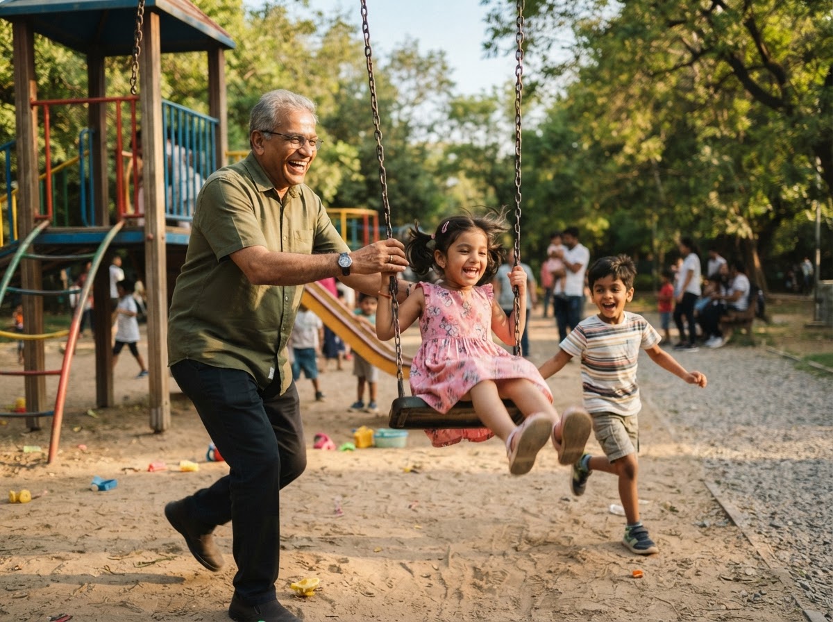 A grandfather playing with grandchildren at a neighbourhood playground
