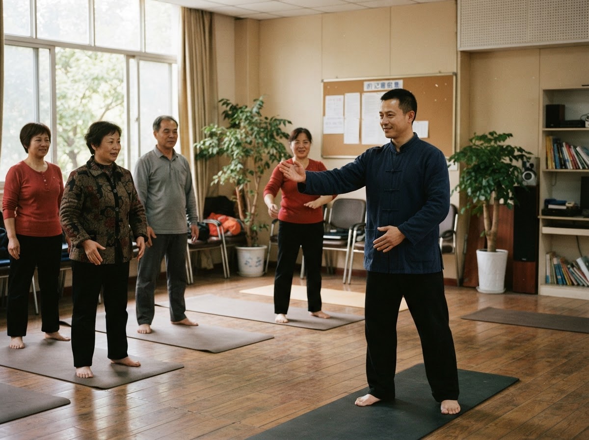 An Asian coach demonstrating a gentle movement to a small group of Asian adults