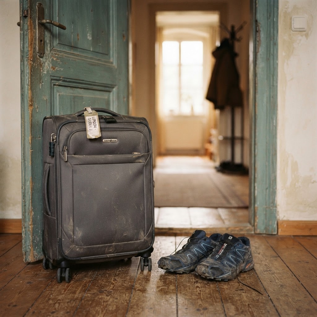A travel suitcase standing by a doorway next to walking shoes