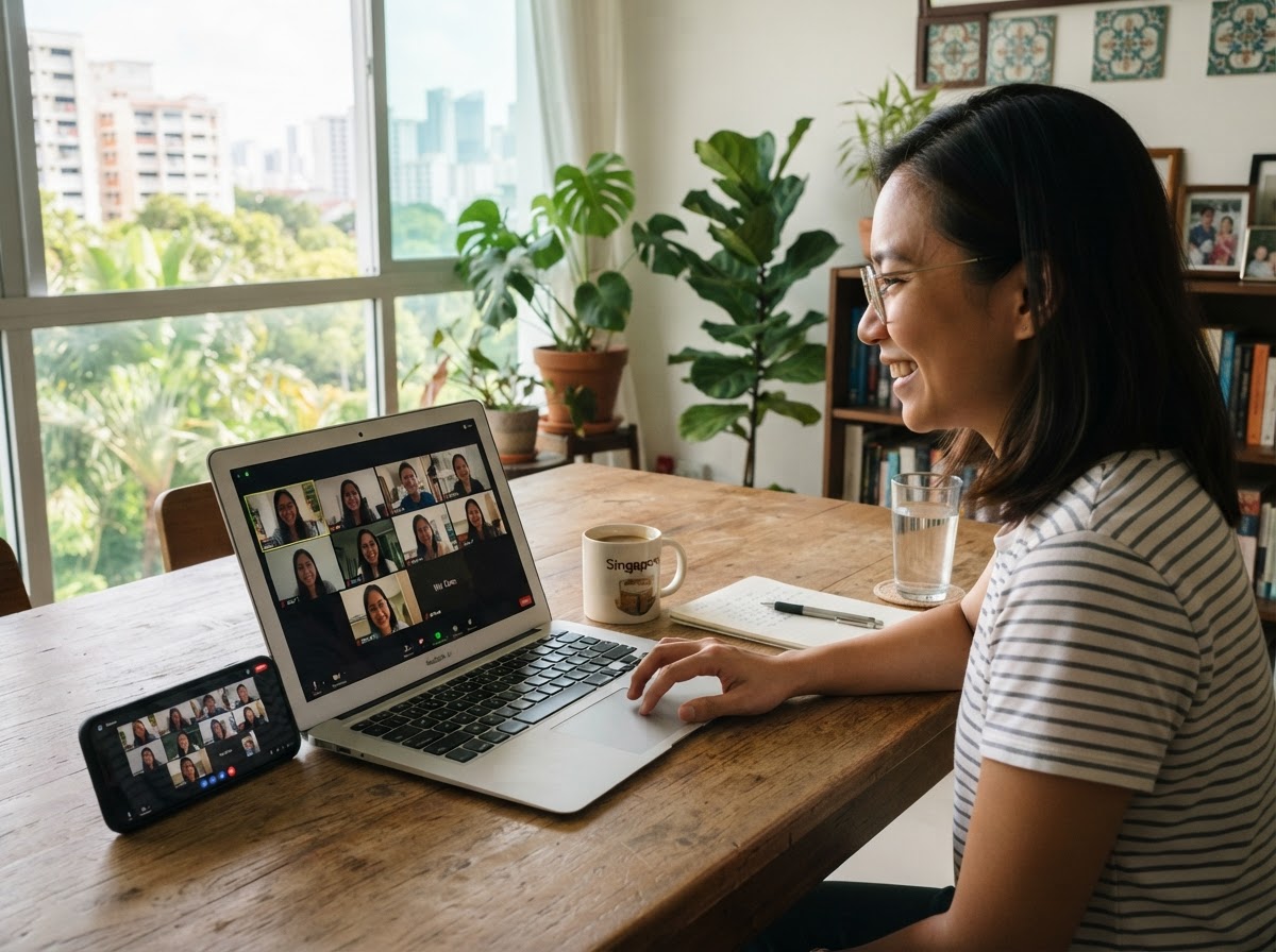 A laptop and smartphone open to a video call in a bright home