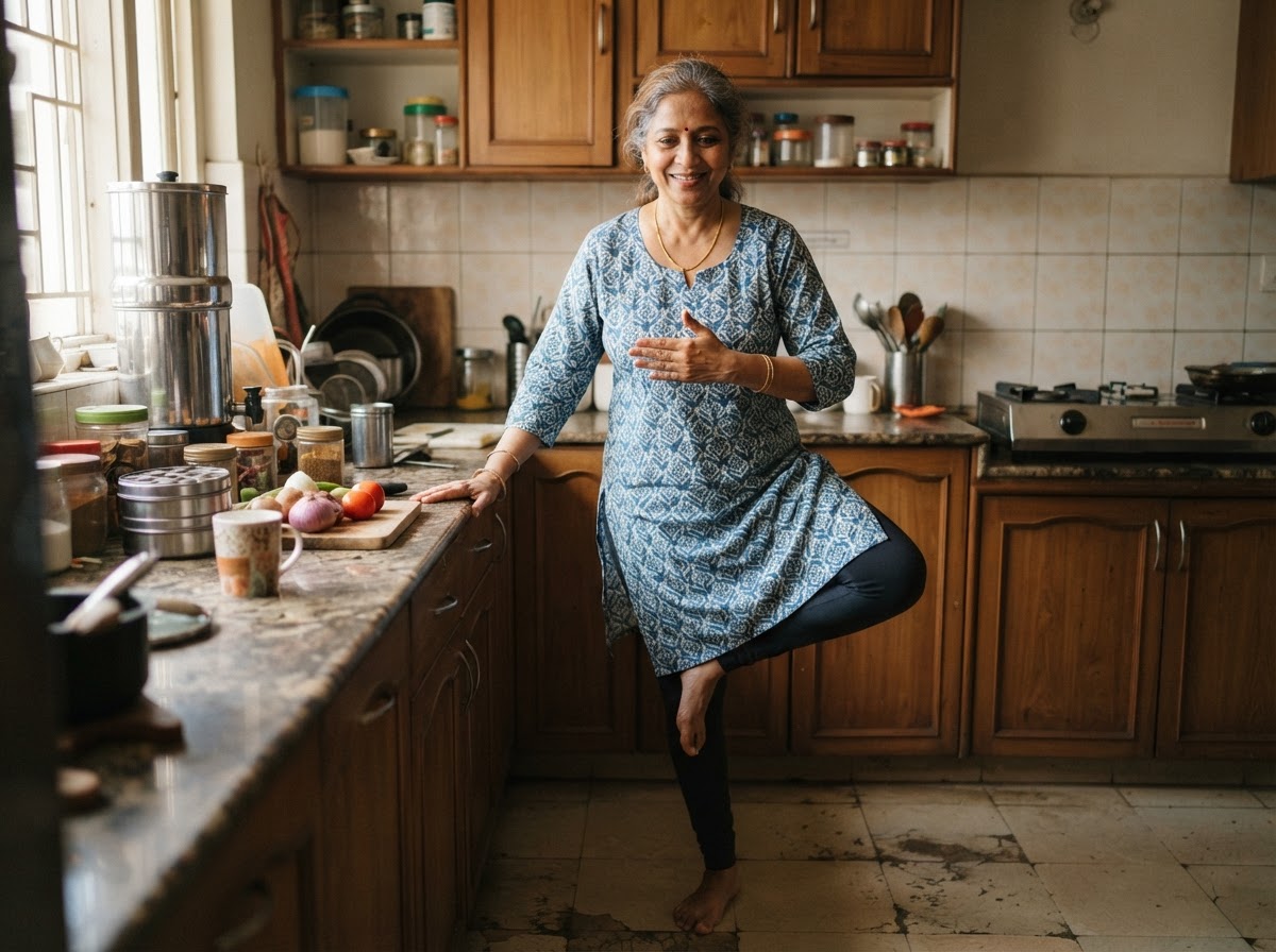 An Asian woman in her late 50s balancing on one foot next to a kitchen counter