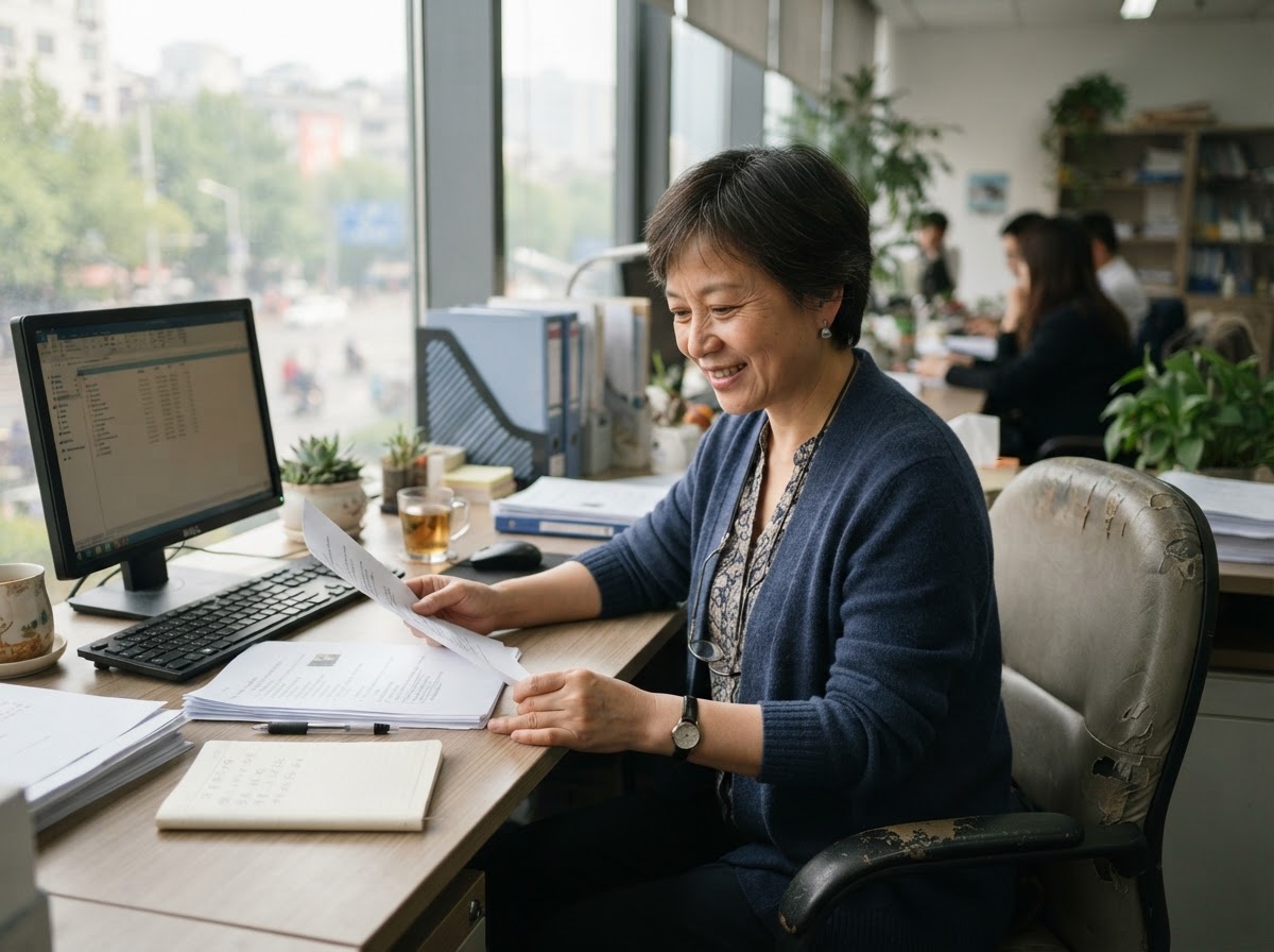 A woman in her early 50s sitting at a tidy office desk by a window