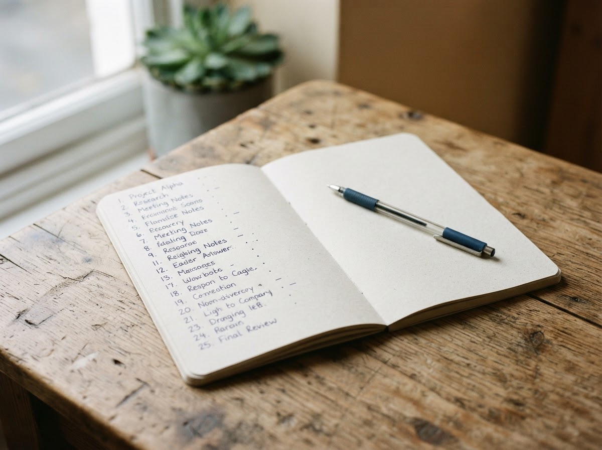 An open notebook with handwritten numbers on a wooden table