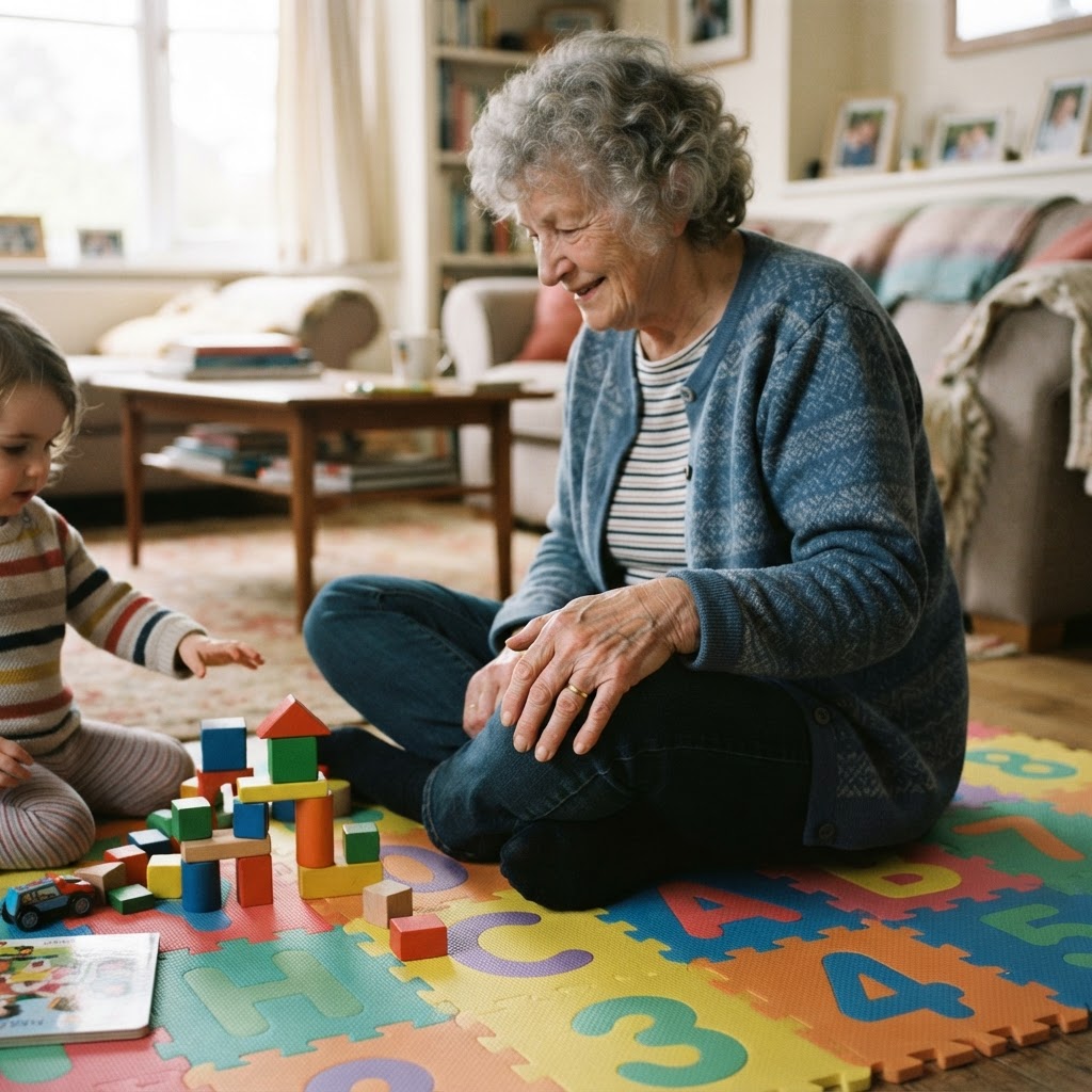 A hand resting on a knee on a play mat with children's blocks