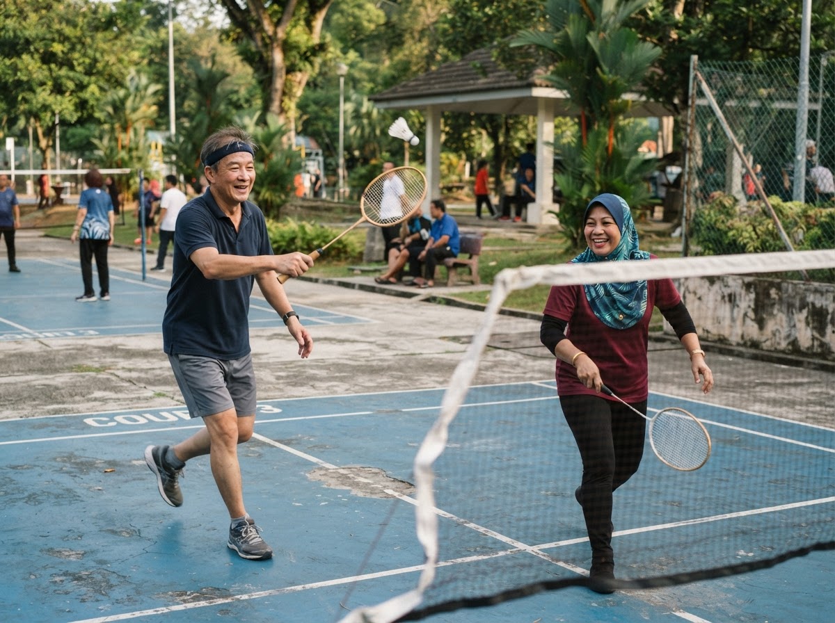 Two Asian adults in their 50s playing a casual game of badminton together