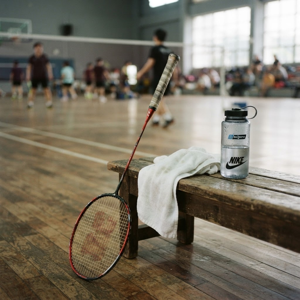 A badminton racket resting against a courtside bench