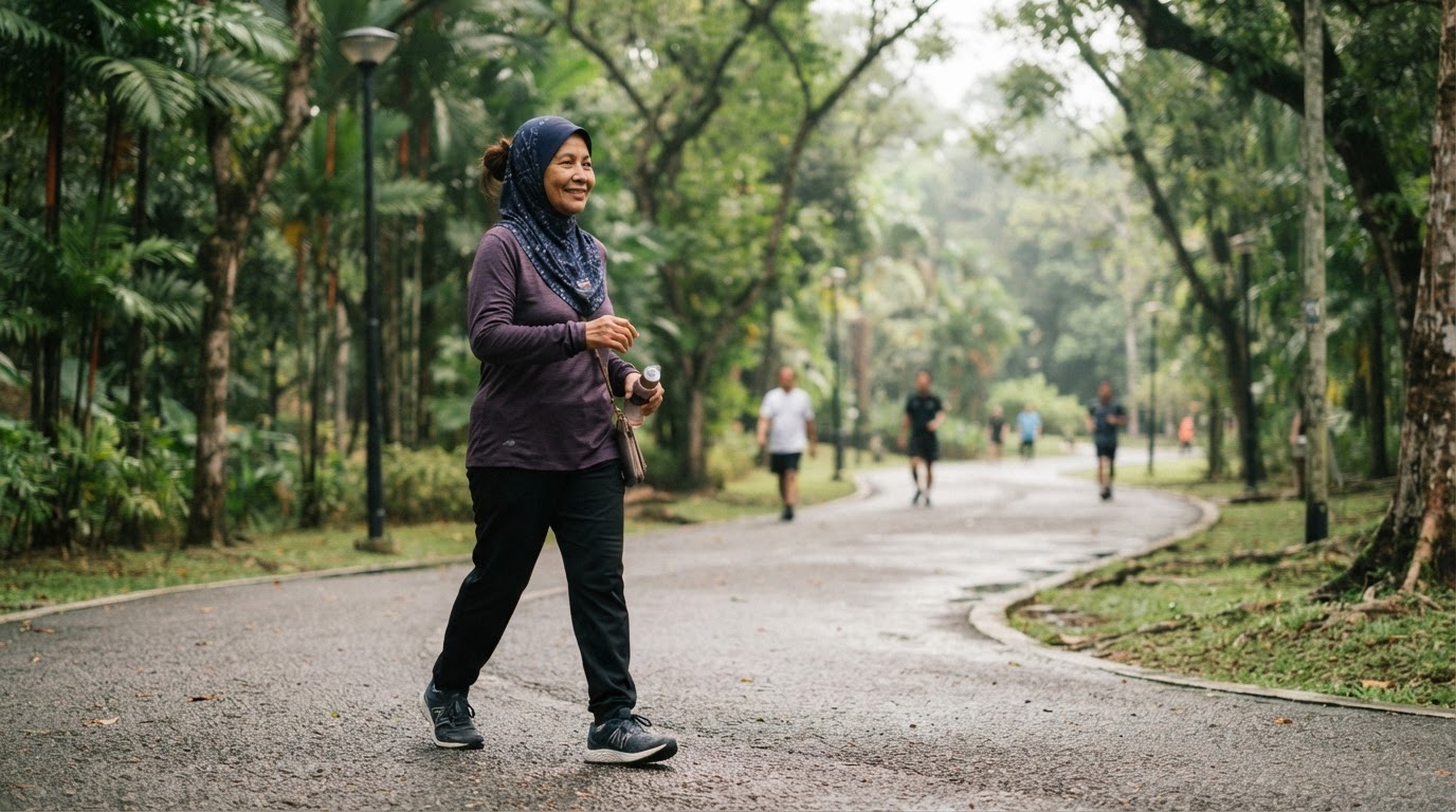 Adult walking along a tree-lined park path at 7am