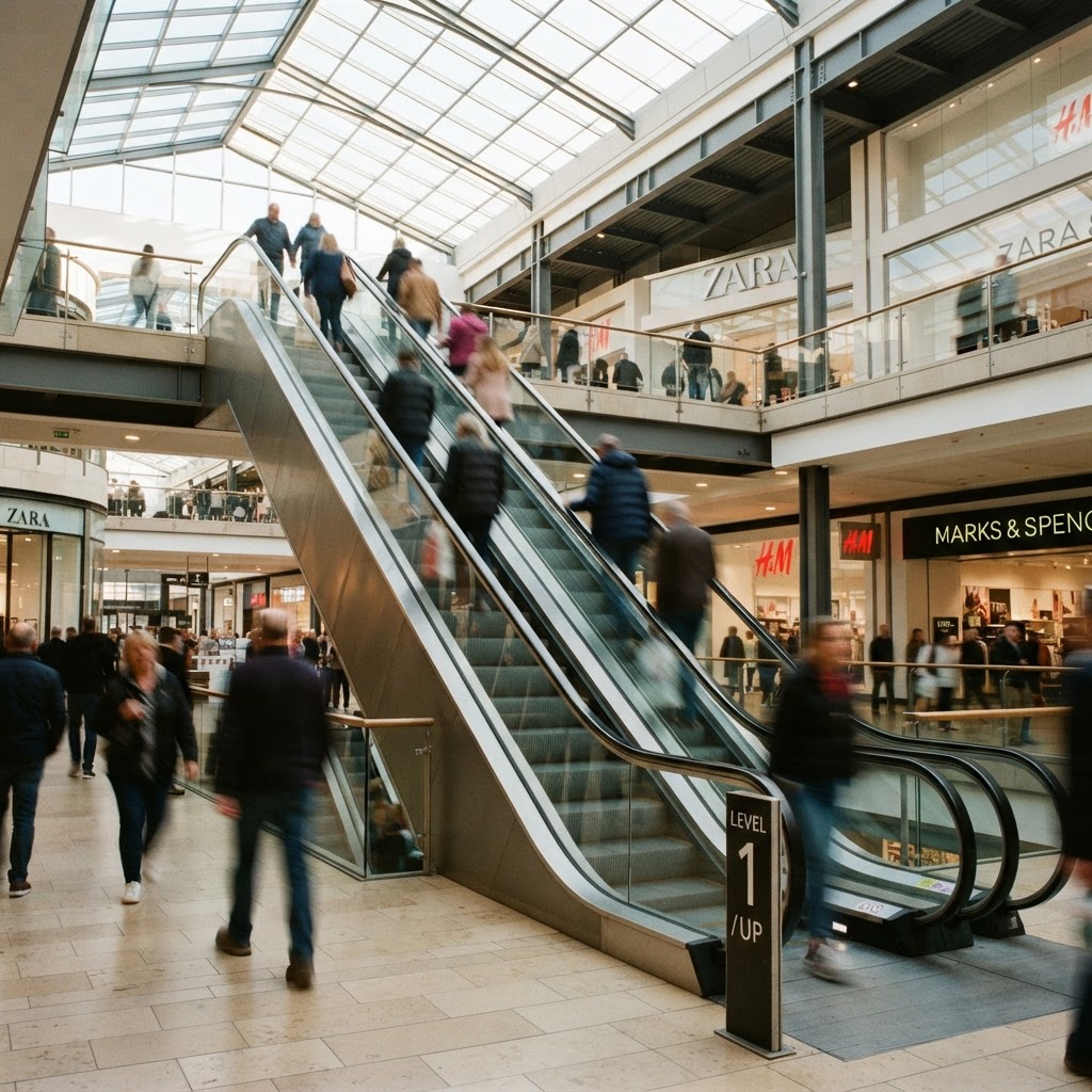 An escalator in a bright shopping centre
