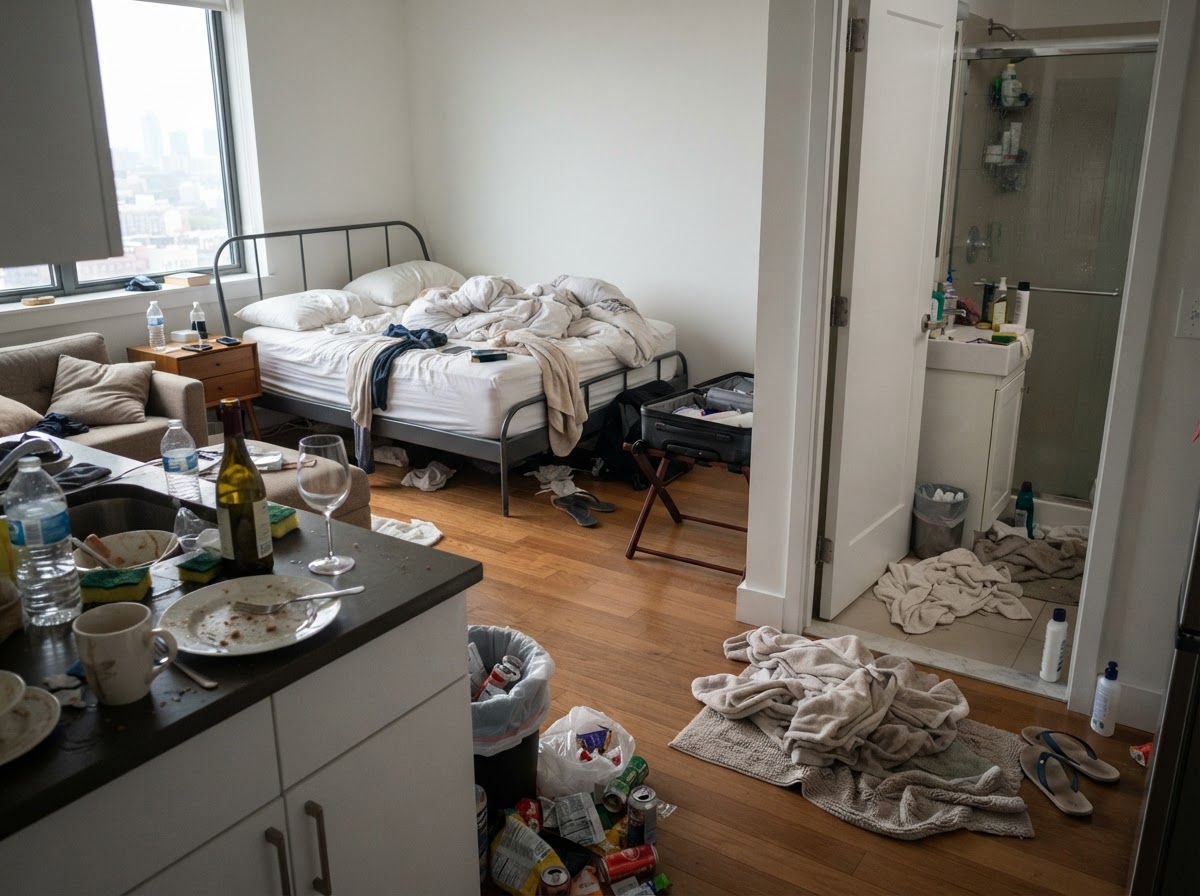 Messy Airbnb rental in Calverton Park MO after guest checkout with unmade bed and dirty dishes before turnover cleaning