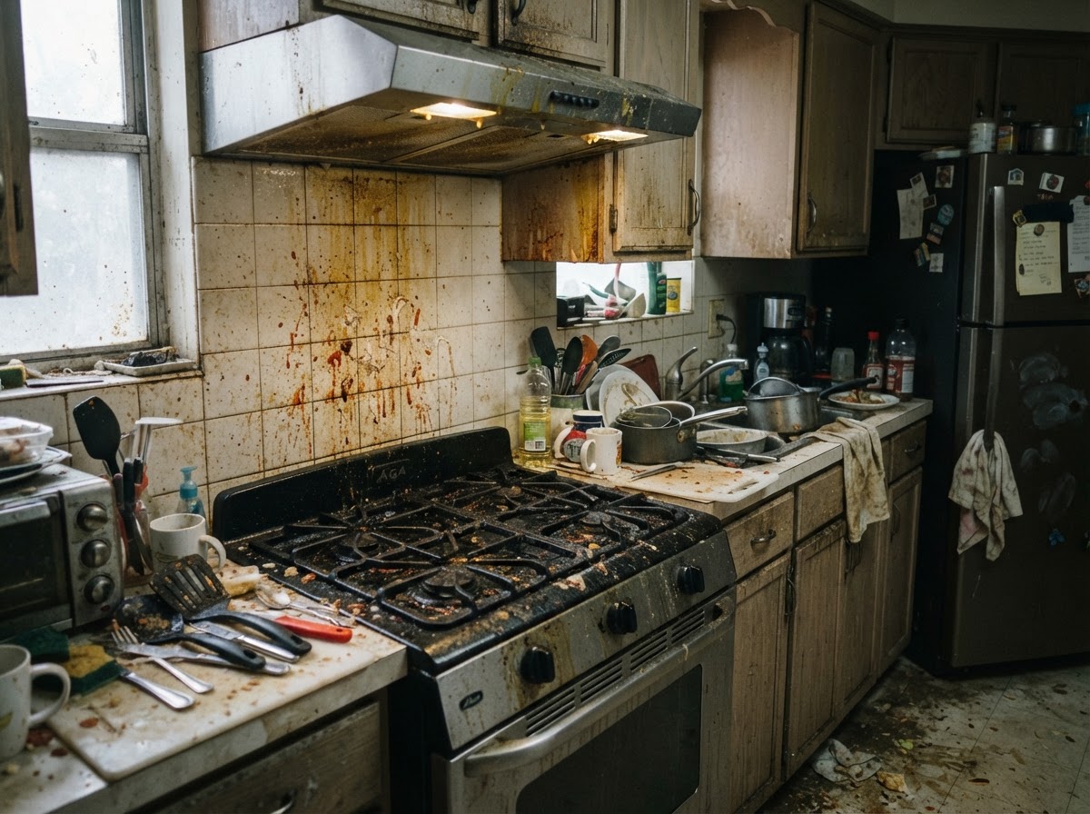 Dirty kitchen in Florissant Old Town MO with greasy stovetop and stained backsplash before Chandler House Cleaning deep clean