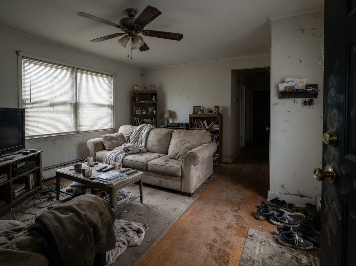 Dusty living room and entryway in Florissant MO with dirty blinds and dusty ceiling fan before cleaning