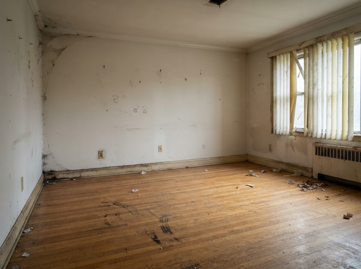 Dirty empty living room in Ferguson MO during move-out with dusty baseboards and scuff marks before cleaning
