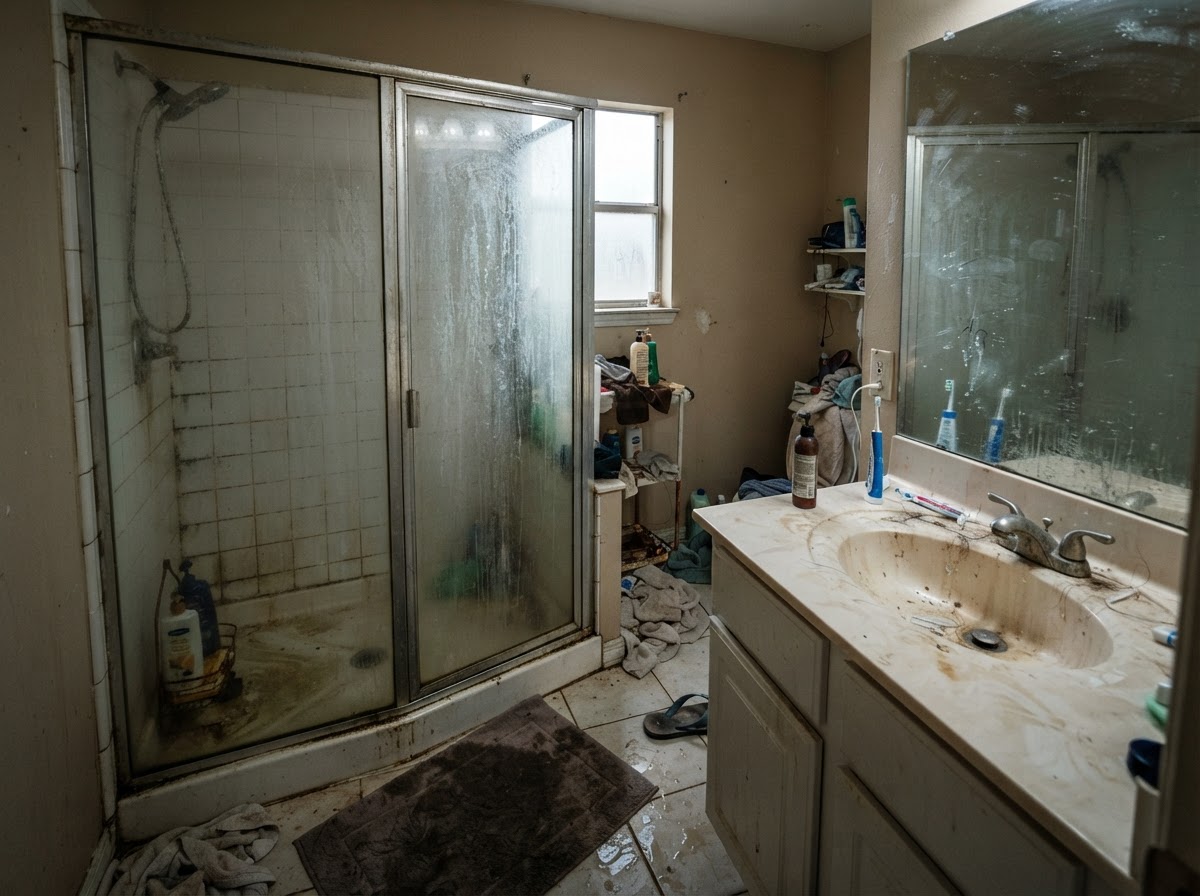 Dirty master bathroom in Hazelwood MO with hard water stains and soap scum on shower glass before cleaning