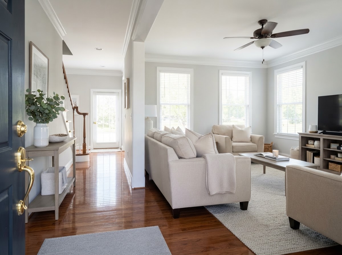 Spotless living room and entryway in Florissant MO with clean blinds and dust-free baseboards after professional cleaning