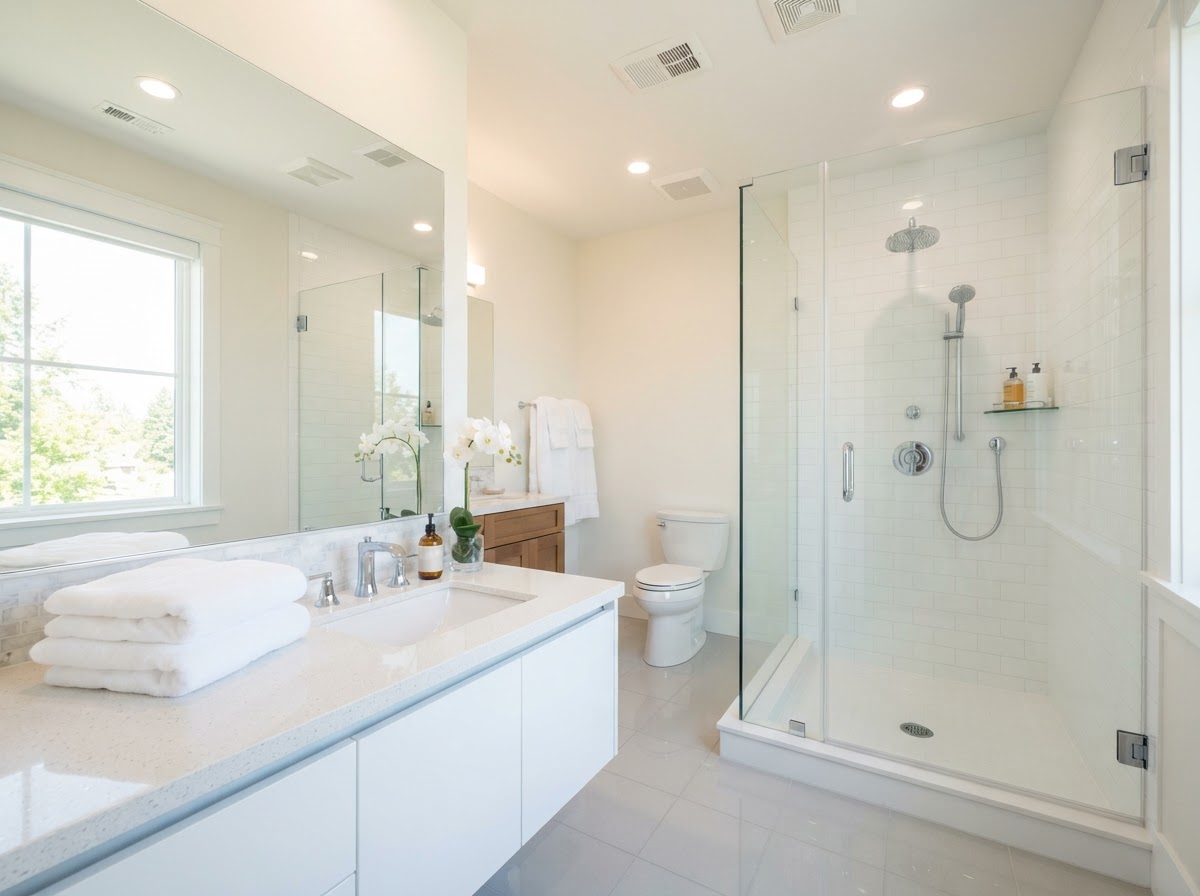 Crystal clear spotless master bathroom in Hazelwood MO after professional cleaning by Chandler House Cleaning LLC