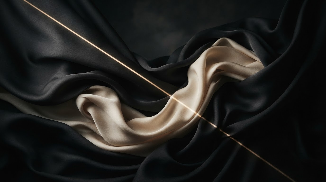 Abstract luxury materials and flowing forms in charcoal, navy and silver
