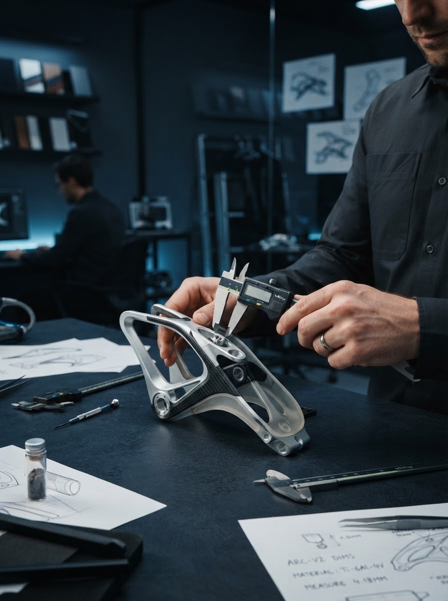 Product innovation and development studio with precision tools, material samples and prototype components