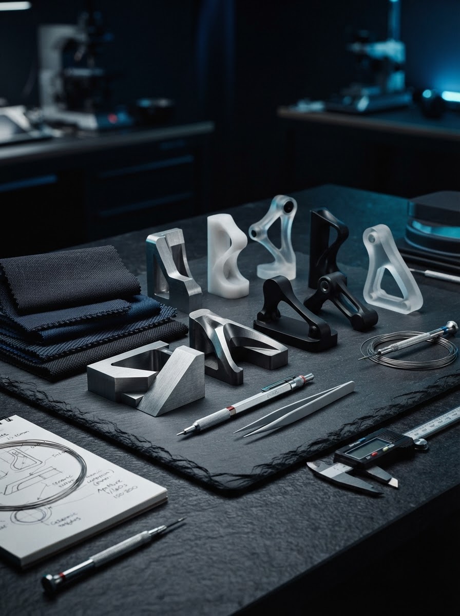 Conceptual study of materials, forms and precision tools representing the process of invention